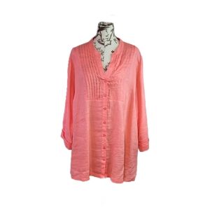 Kim Rogers Size 3X Shirt 100% Linen Roll Tab Sleeve Button Up Long Line
